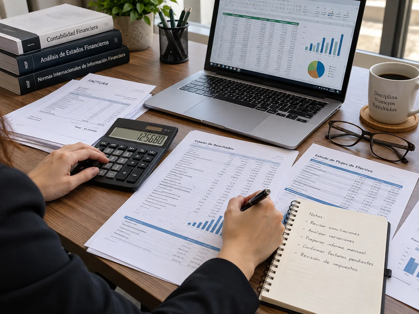 Escritorio con facturas, calculadora y estados financieros